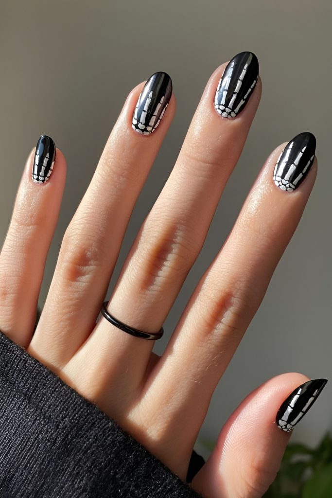 Skeleton Hand Nail Art in White on Black