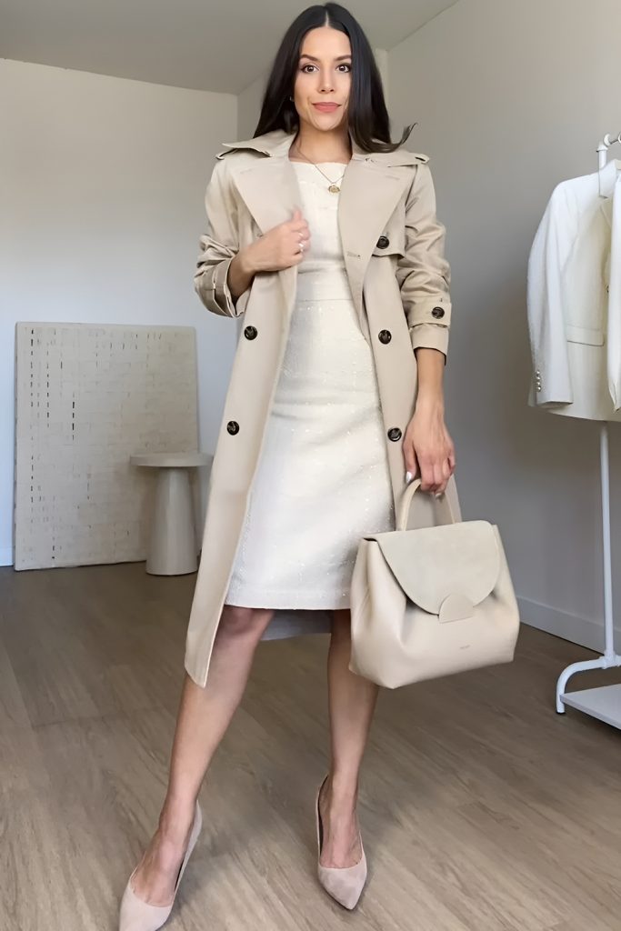 Sleek Midi Dresses Layered with Lightweight Trench Coats
