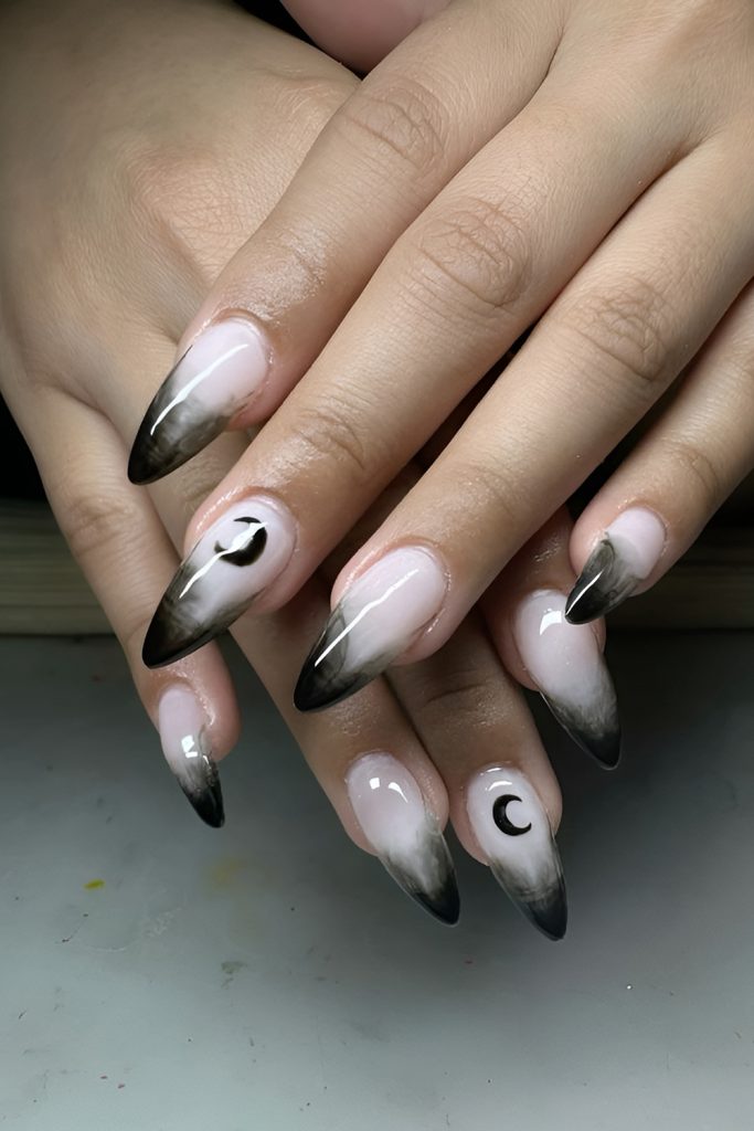 Soft Ombre Nails with Flying Bat Patterns