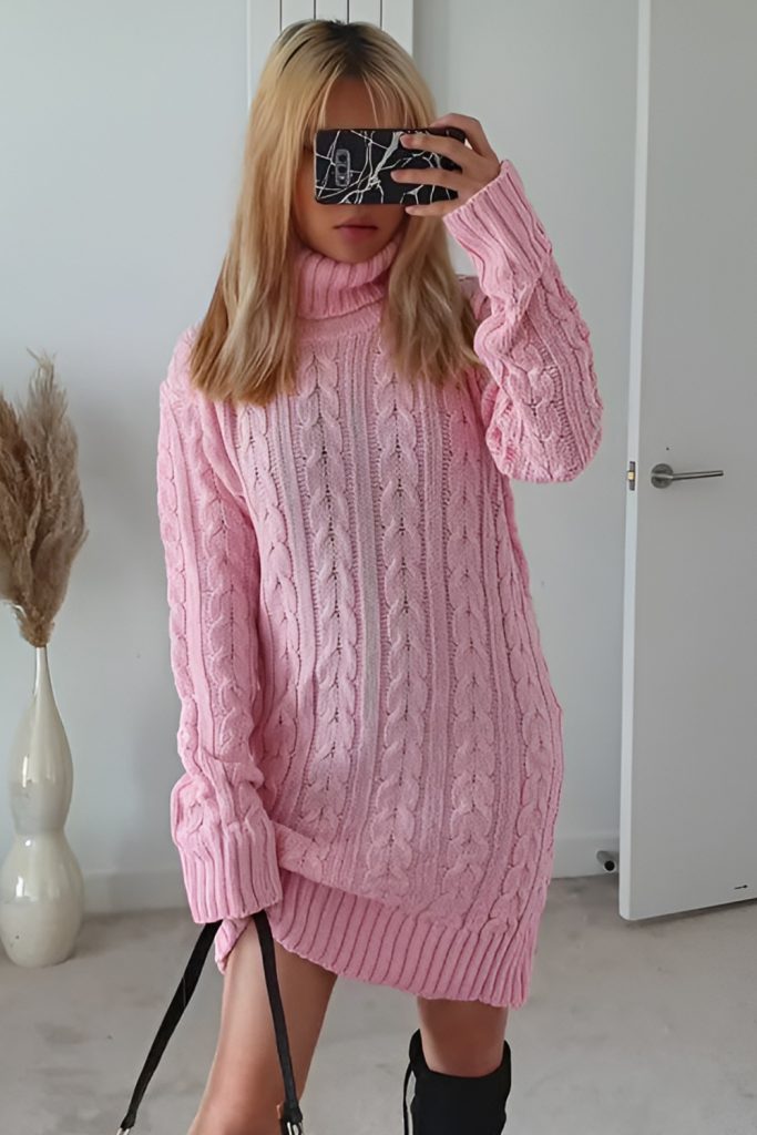 Soft Pink Knit Dress with Over the Knee Boots