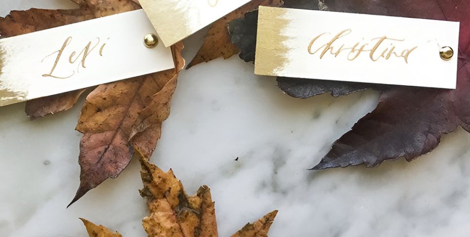 Sophisticated Place Cards Designed with Fall Leaves and Calligraphy
