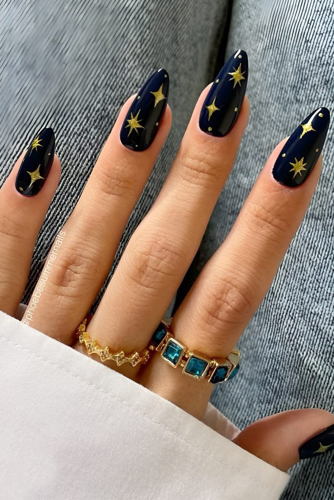 Starry Night Sky Nails with Witchy Silhouettes