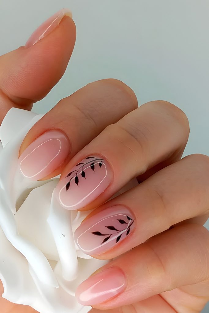 Subtle Leaf Nail Art on Neutral Beige Nails
