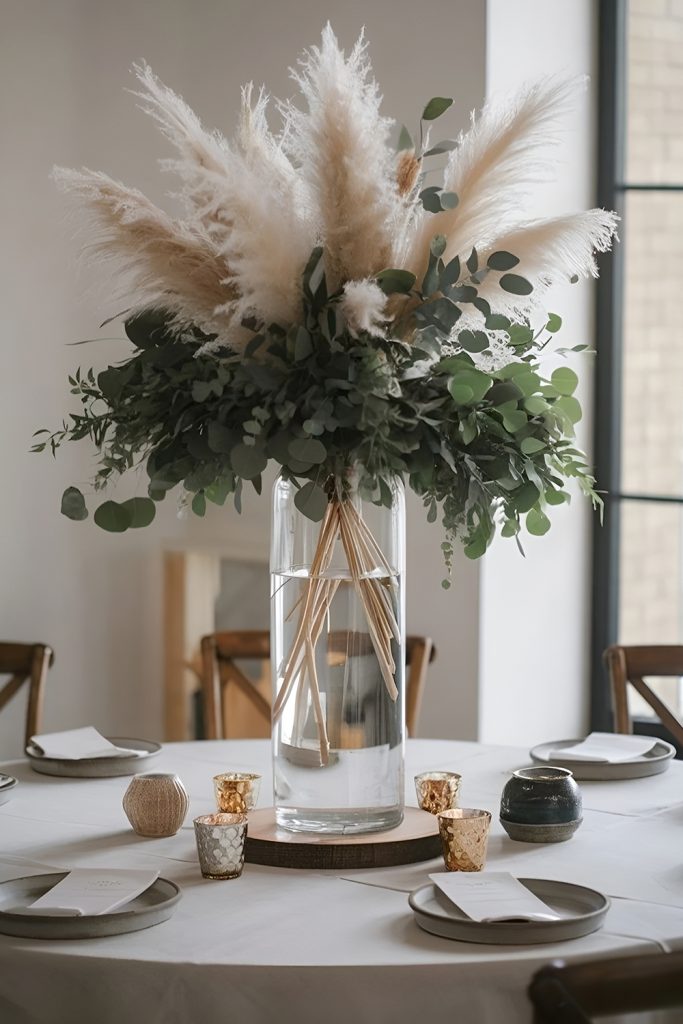 Tall Glass Vases with Dried Wheat and Pampas Grass