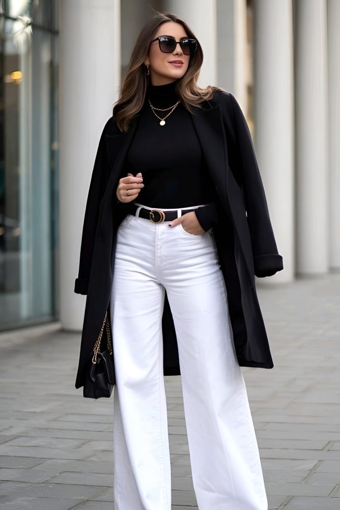 Turtleneck and Wide Leg Pants with Longline Blazer