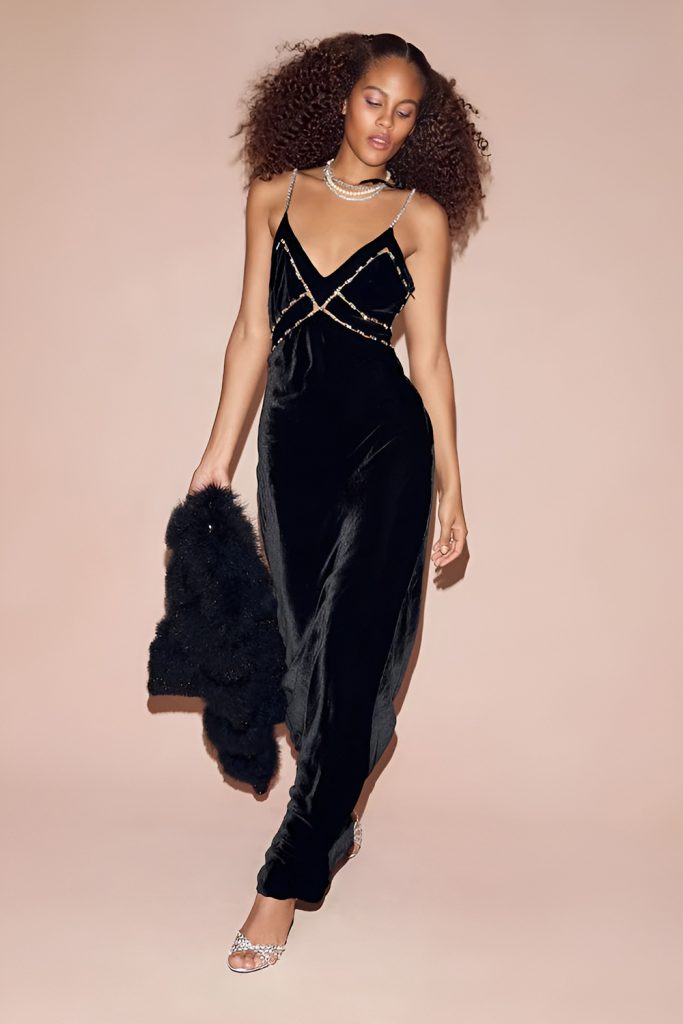 Velvet Maxi Dress with Layered Silver Jewelry