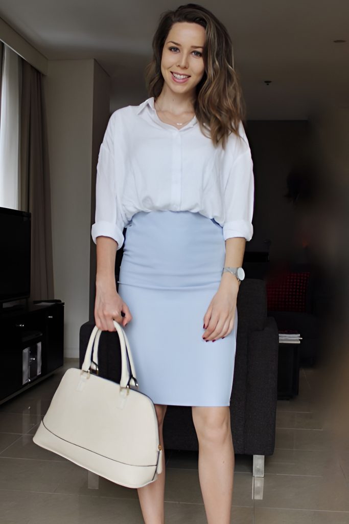 White Silk Blouse with Powder Blue Pencil Skirt
