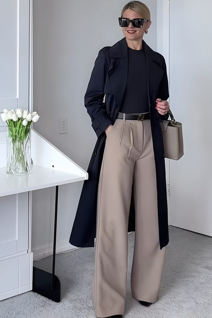 Wide Leg Trousers Paced with Belted Wool Coats