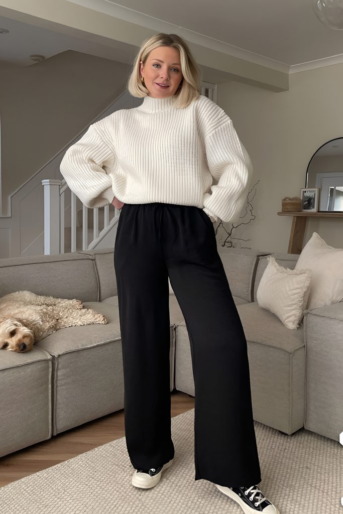 Wide Legged Trousers Counterbalanced with Fitted Knits
