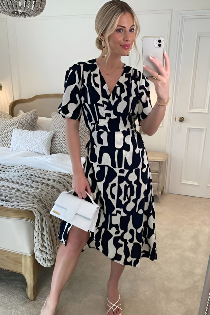 Wrap dresses in autumn prints, styled with block heels