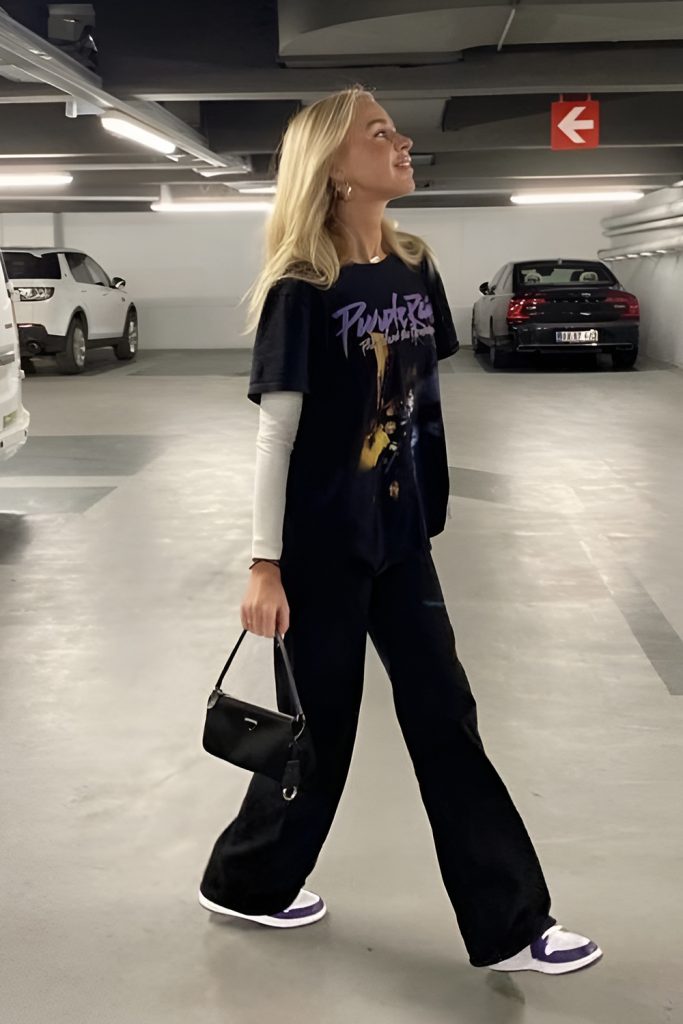 Band Tee Over Long Sleeve Layers with Distressed Denim