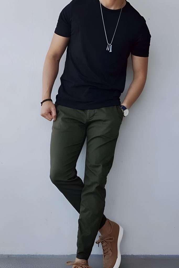Black Shirt and Olive Green Trousers for Subtle Sophistication