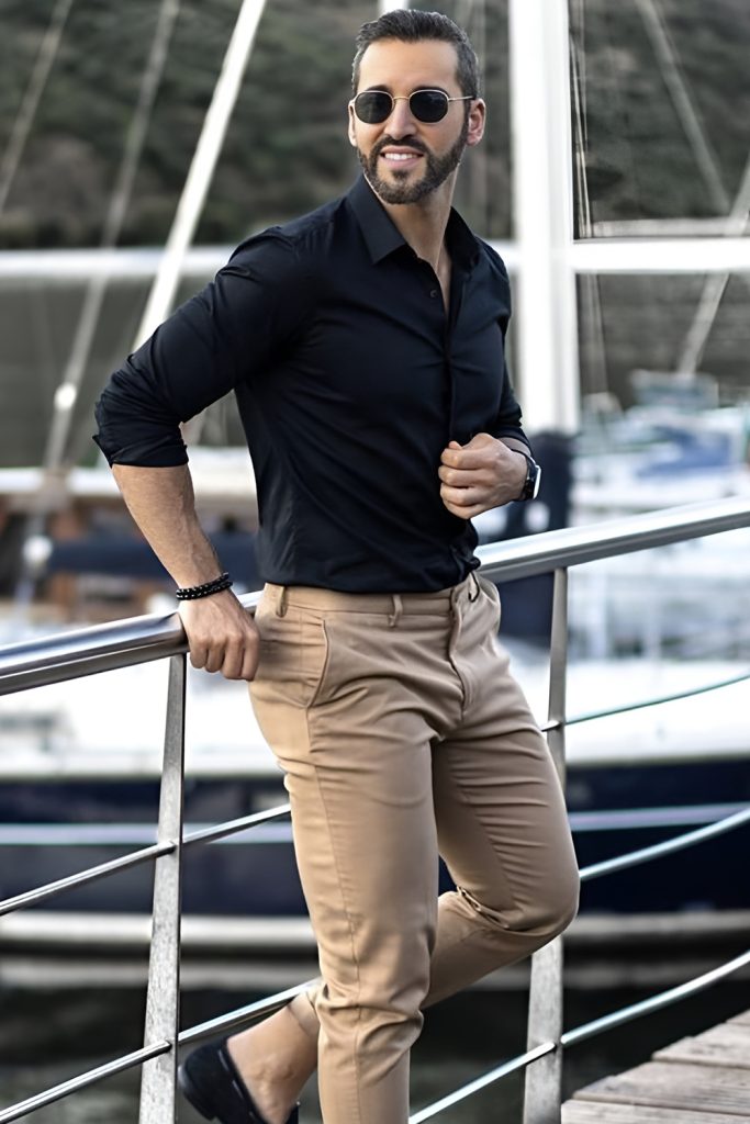 Black Shirt with Camel Colored Chinos