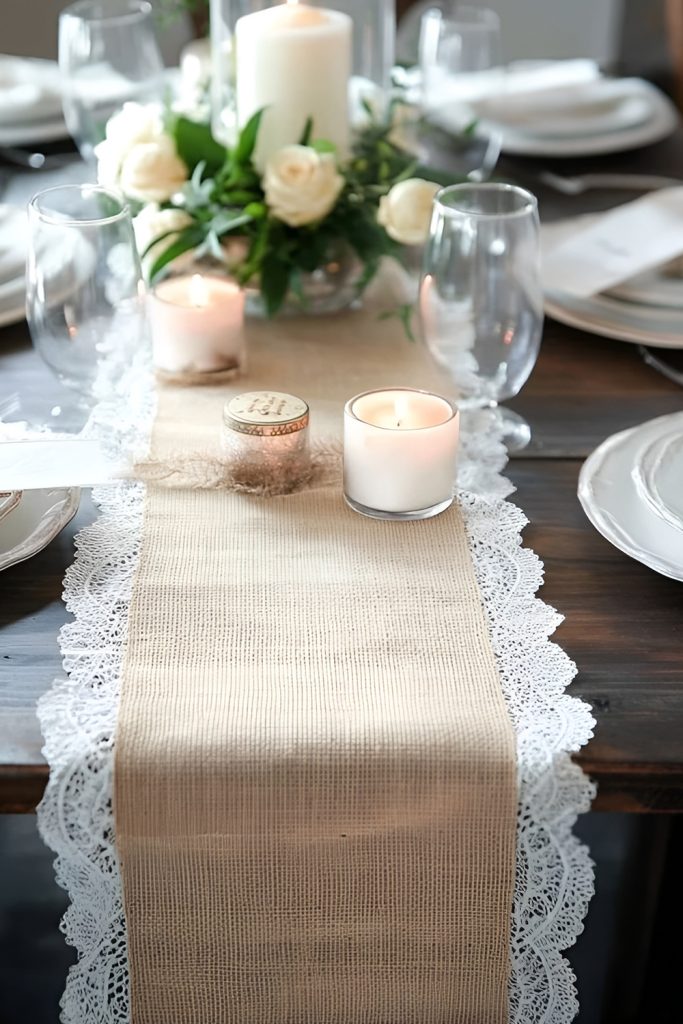 Burlap and Lace Runners with Handmade Embellishments