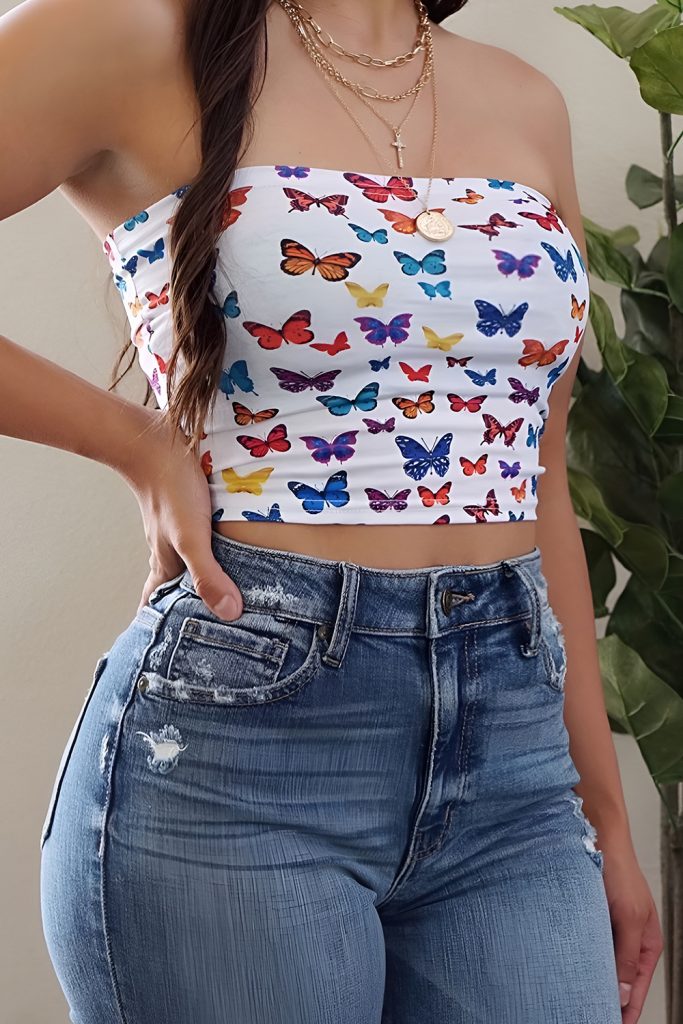 Butterfly Print Tube Top with Retro Pattern