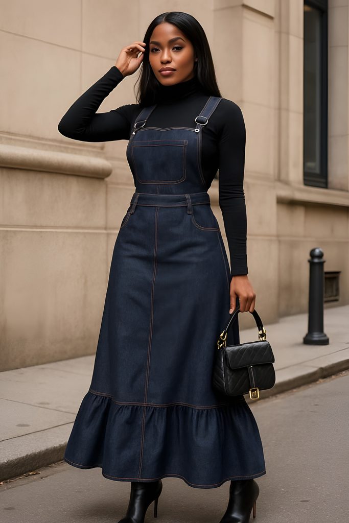 Casual Denim Overall Dress Layered Over a Soft Turtleneck