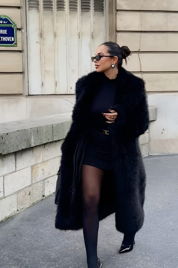 Chic Black Teddy Coat with Heels
