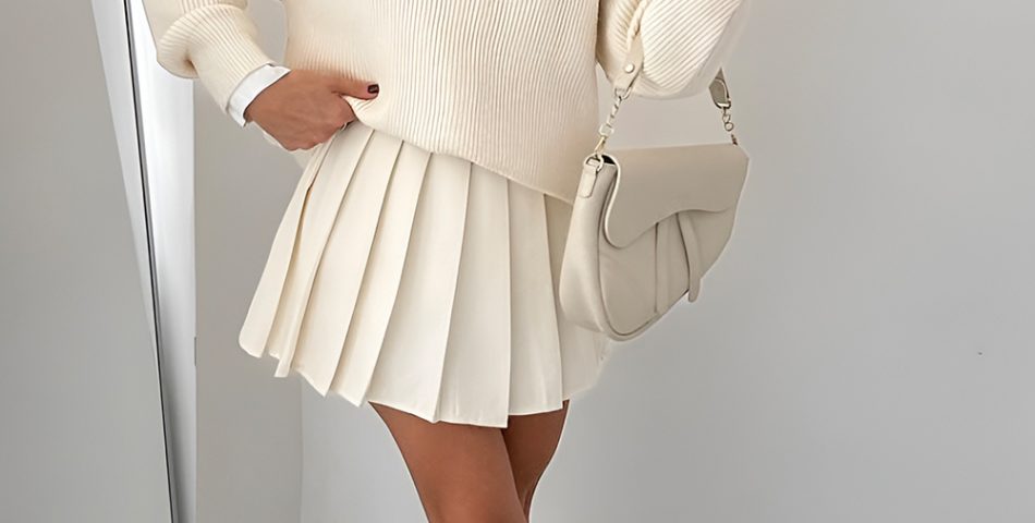 Chunky Knit Sweater and Pleated Skirt Combination