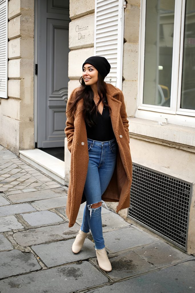 Classic Teddy Coat with Skinny Jeans and Boots