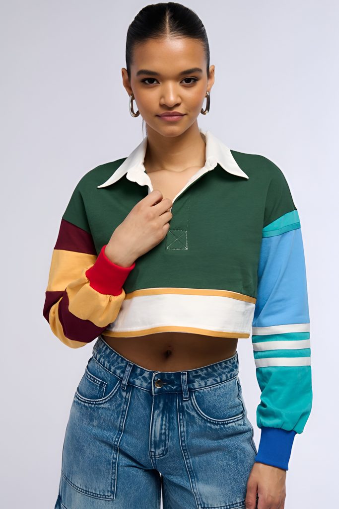 Color Block Cropped Rugby Shirt