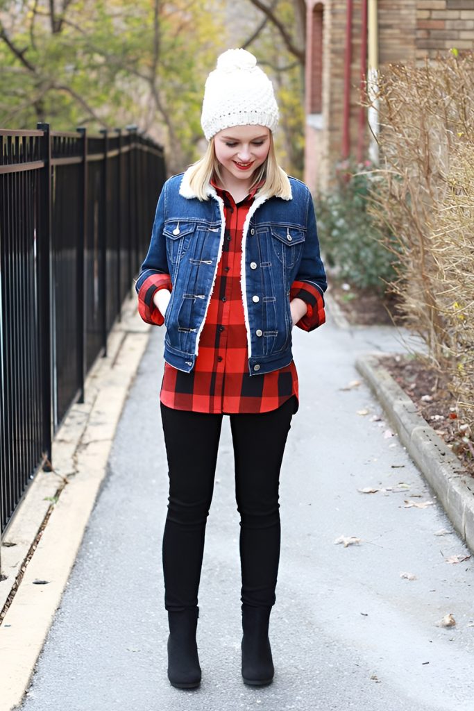 Embracing country charm with a denim jacket and flannel layer