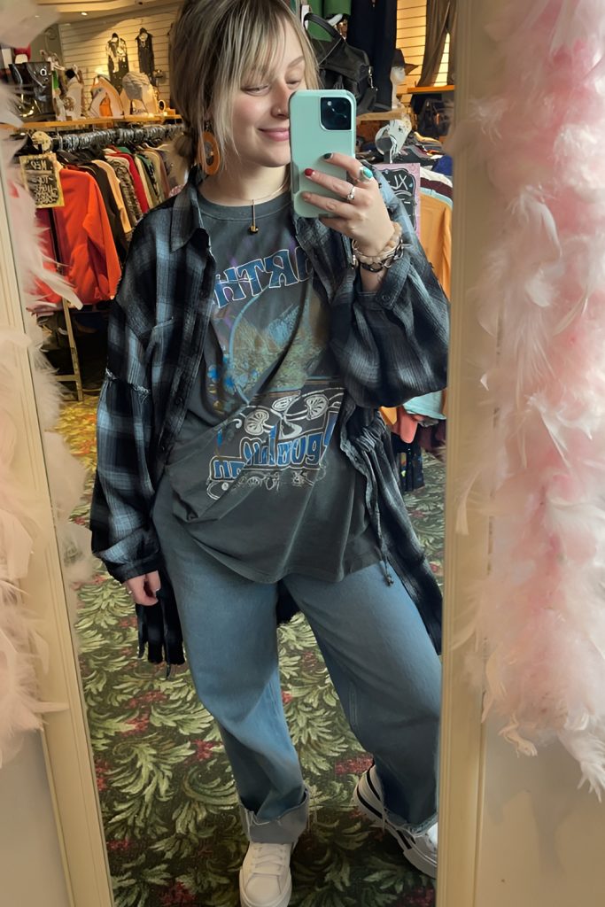 Flannel Over Graphic Band Tee with Torn Jeans