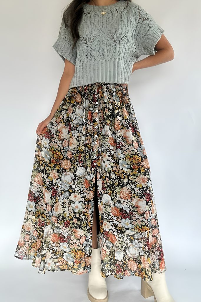 Floral Maxi Skirt Paired with a Comfortable Sweater