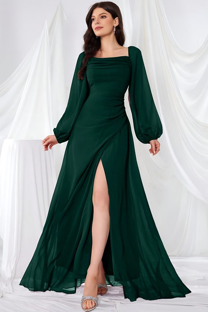 Flowing Long Sleeve Chiffon Gown for Winter Events