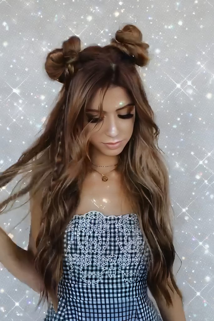 Half Up Space Buns with Loose Curls