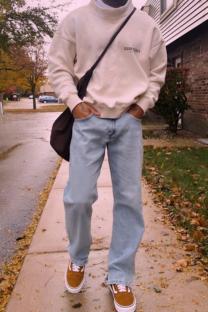 Informal minimalism with crew carpet and straight leg jeans