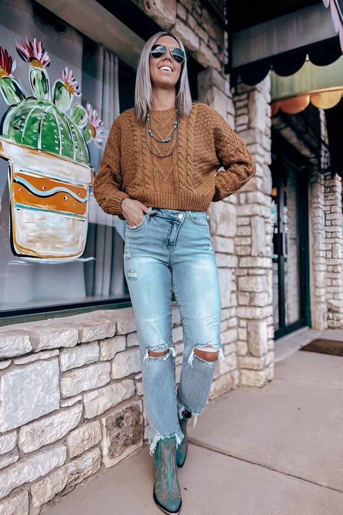 Keep it informal with thick knits and boot jeans