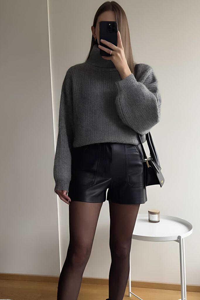 Knit Sweater with Leather Shorts and Opaque Tights