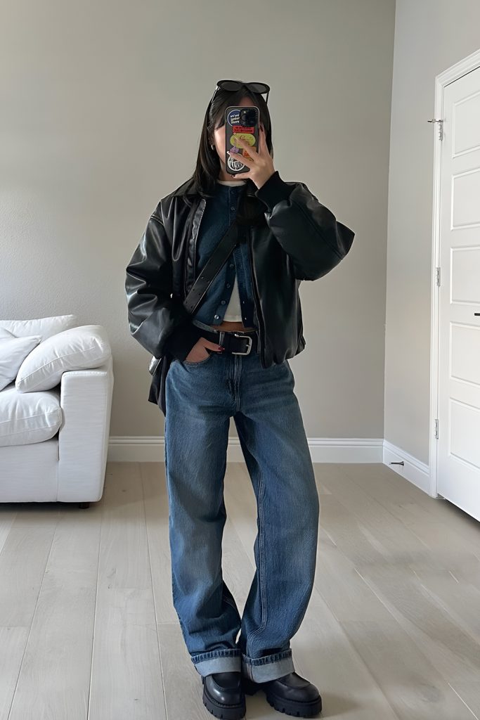 Leather Jacket with Dark Denim for Edgy Sophistication