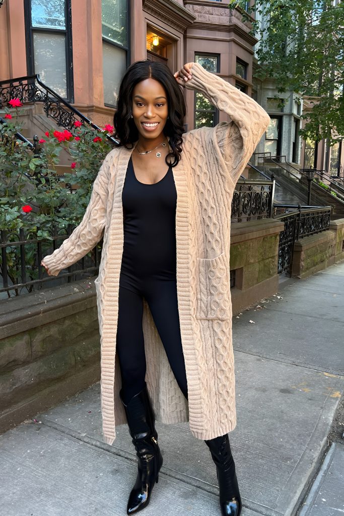 Long Cozy Cardigan Layered Over a Simple Dress