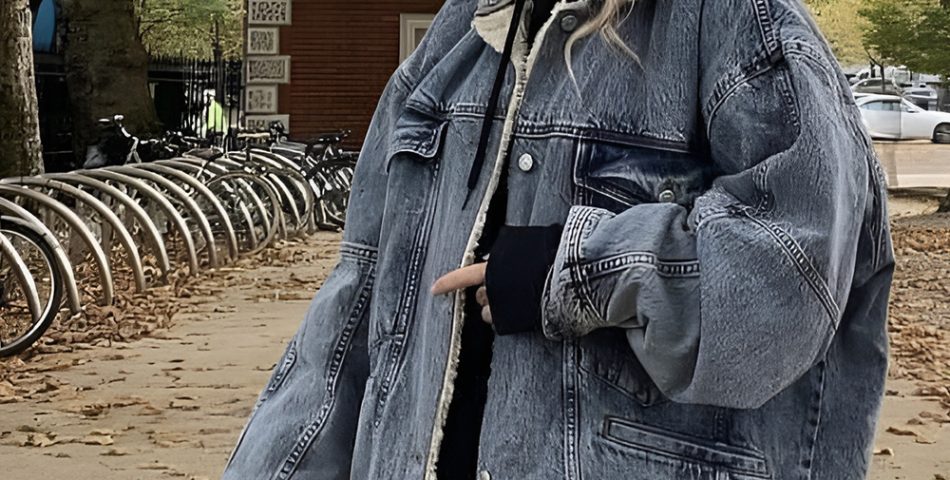 Make a large sweater with a denim jacket for western grunge