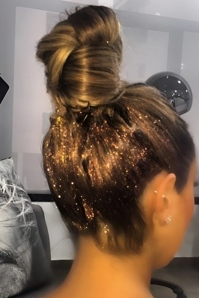 Messy High Bun with Glitter Hair Spray