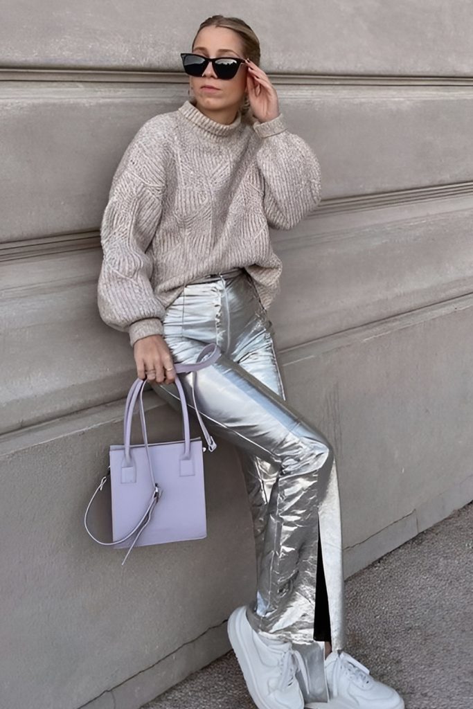 Metallic Pants with Cropped Knit and Chunky Boots