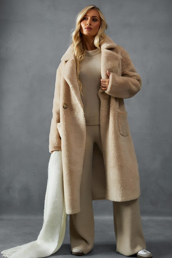Neutral Teddy Coat and Cozy Knit Set