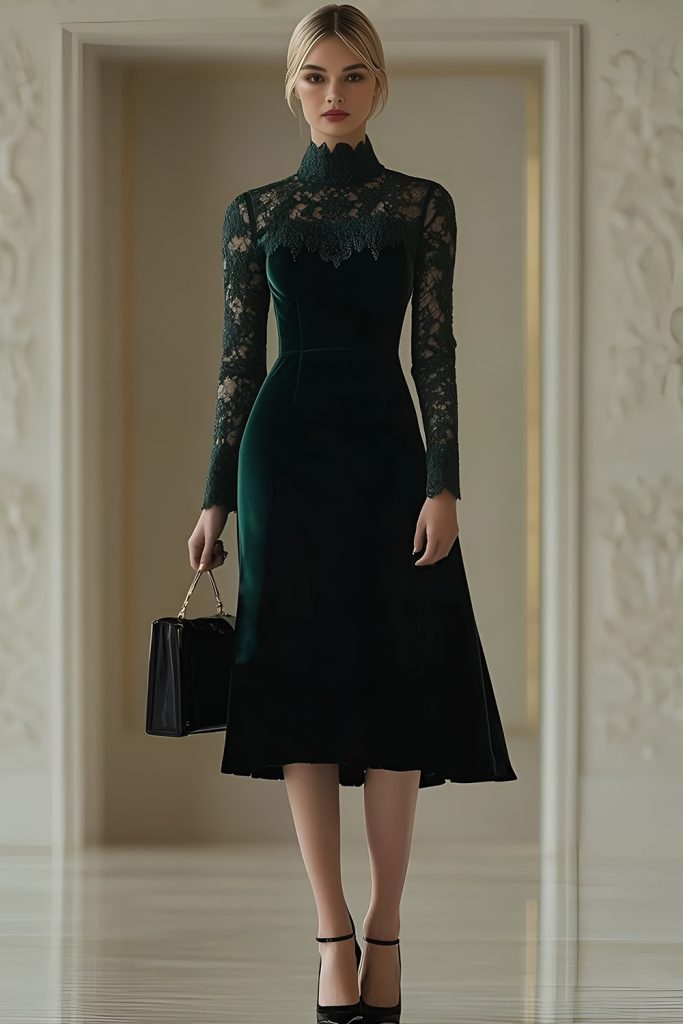 Ornate High Neck Lace Dress with Refinement
