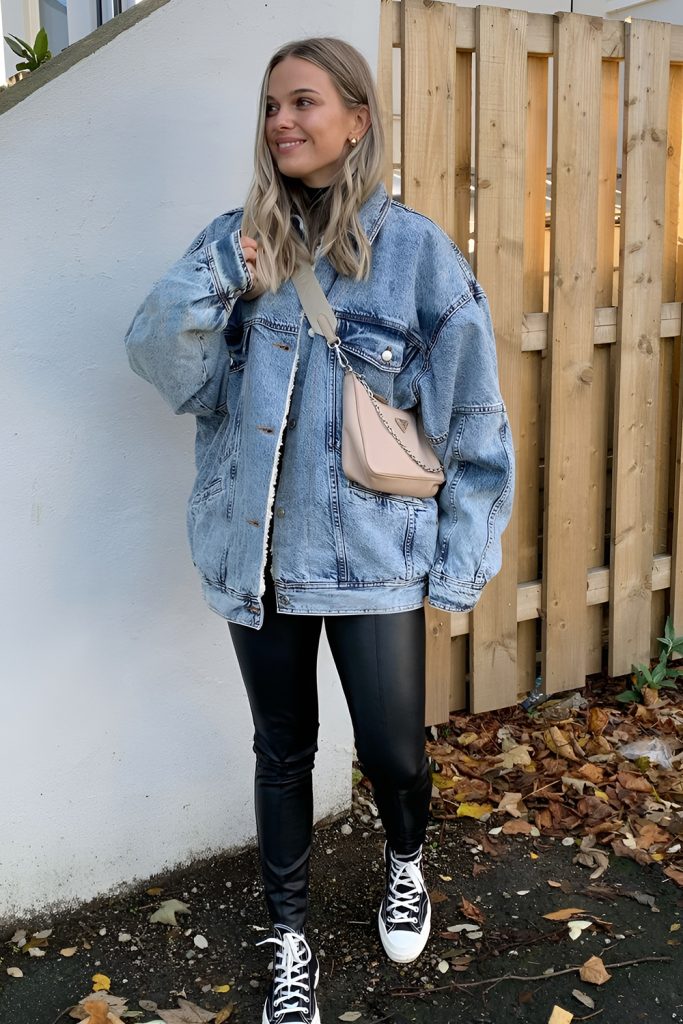 Oversized Denim Jacket with Plaid Pants for Grunge Chic