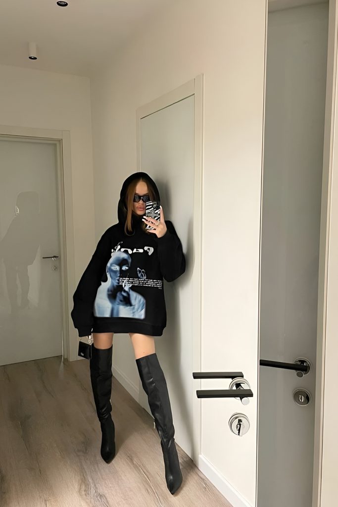 Oversized Hoodie with Thigh High Boots for Street Style Cool