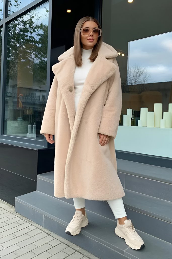 Oversized Teddy Coat with Leggings and Sneakers