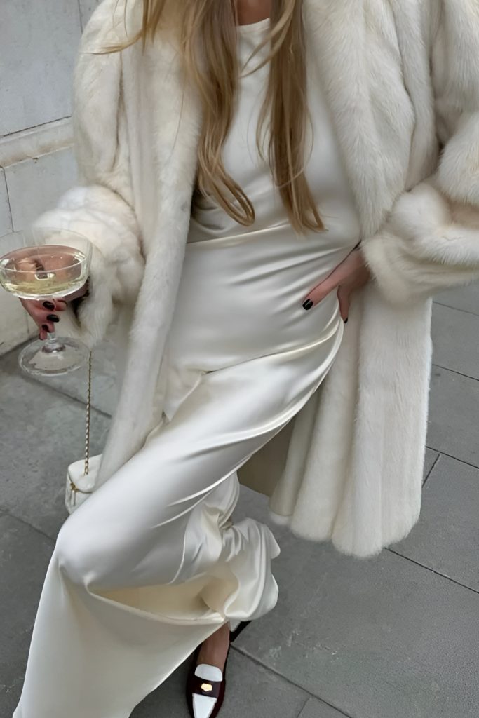 Satin Slip Dresses Layered with Luxe Faux Fur