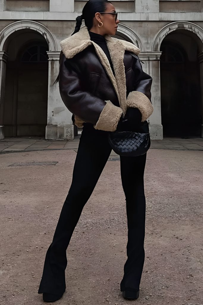 Shearling Jacket with Wide Leg Pants and Cropped Top