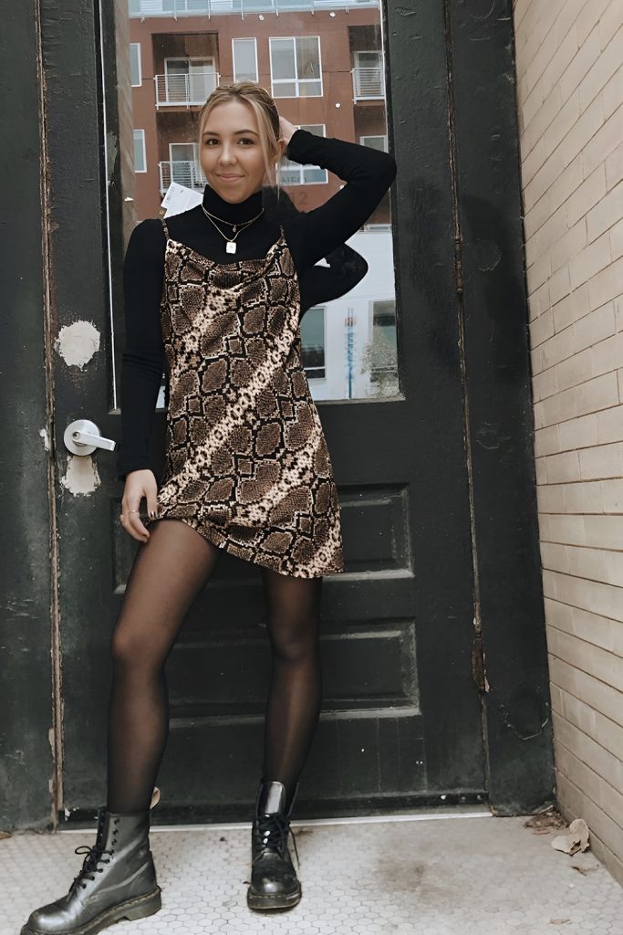 Slip Dress Layered Over Turtleneck with Combat Boots