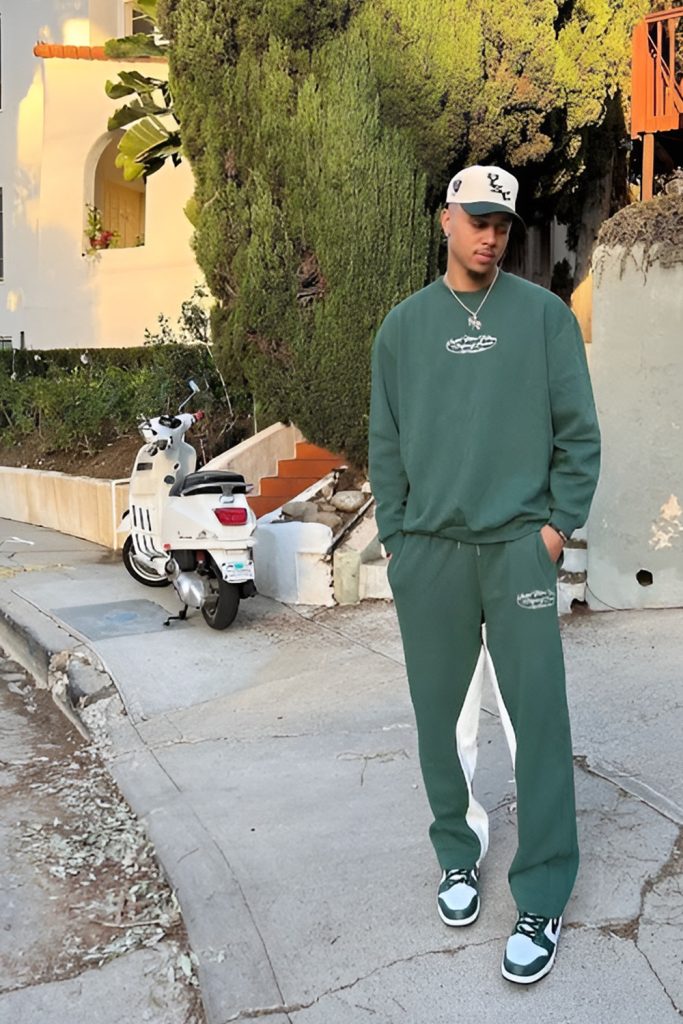 Sporty Streetwear with a jogging kit and bold sneakers