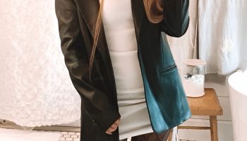 Statement Coat Over Mini Dress and Patterned Tights