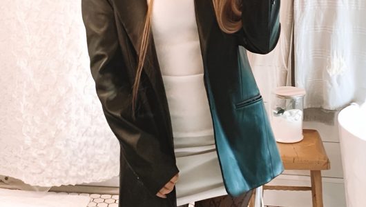 Statement Coat Over Mini Dress and Patterned Tights
