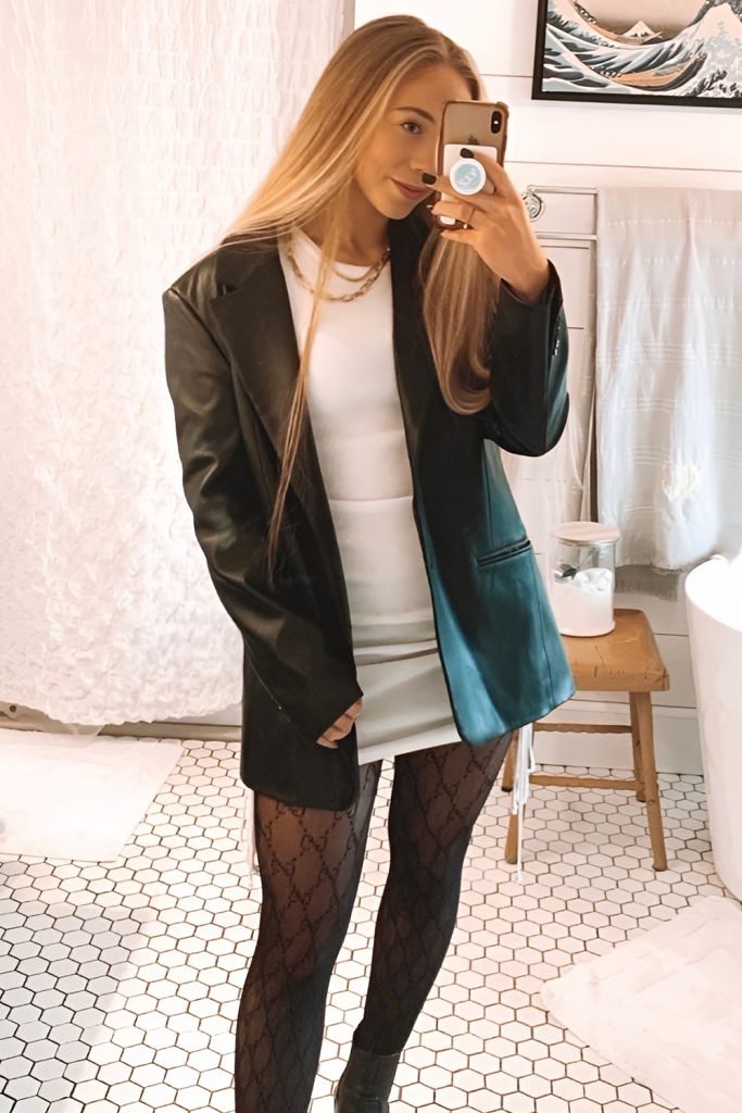 Statement Coat Over Mini Dress and Patterned Tights