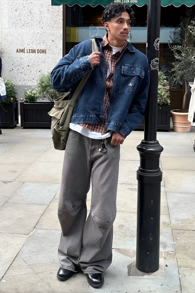 Streetwear Edge with a denim jacket and layered basics